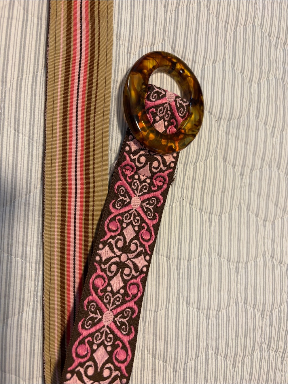 Handmade reversible ribbon belt with faux tortoiseshell buckle